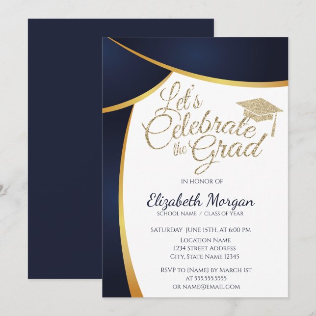 Modern Gold Glitter Graduation Cap,Blue Graduation Invitation (Front/Back)