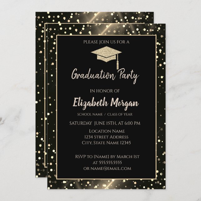 Modern Gold Glitter Graduation Cap,Polka Dots Invitation (Front/Back)