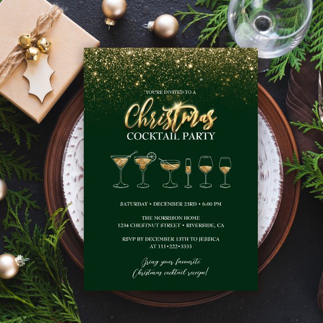 Modern Gold Glitter Green Christmas Cocktail Party Invitation (Creator Uploaded)