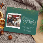 Modern Gold Glitter Green Merry Christmas Photo Holiday Card<br><div class="desc">A modern and elegant Christmas card.  Personalize with your family name and favorite photo.</div>