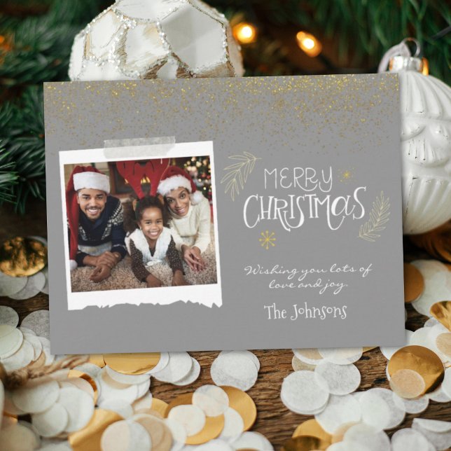 Modern Gold Glitter Grey Merry Christmas Photo Holiday Card (Creator Uploaded)