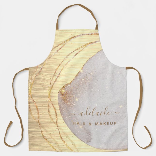 Modern Gold Glitter Hair Stylist Script Salon Name Apron (Front)