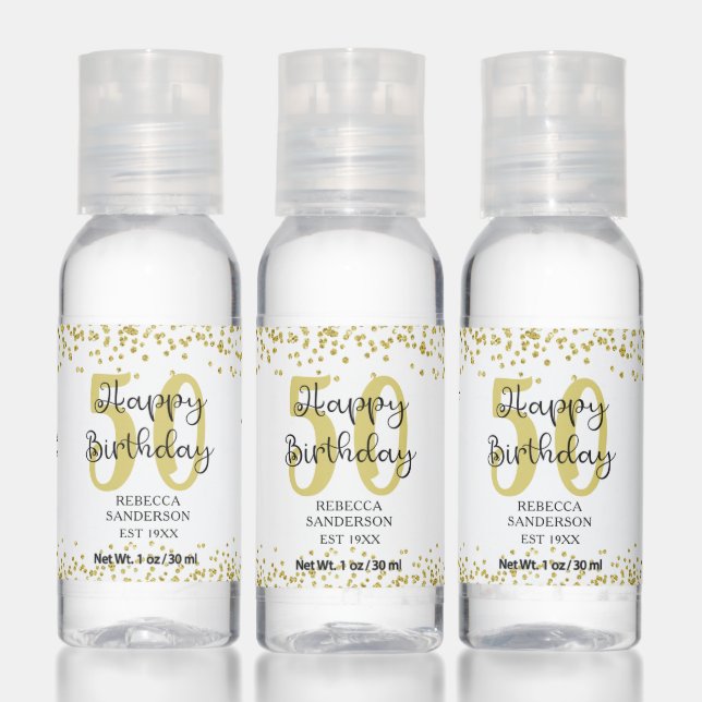 Modern Gold Glitter HAPPY 50th BIRTHDAY Favor Hand Sanitizer (Set)