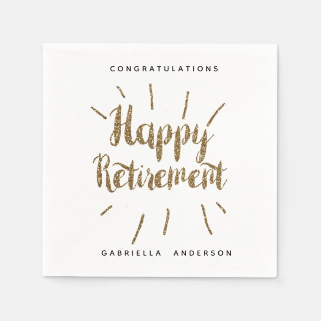 Modern Gold Glitter Happy Retirement Napkins (Front)