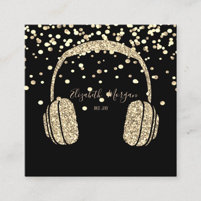 Modern Gold Glitter Headphone DJ,Confetti Square Business Card (Front)