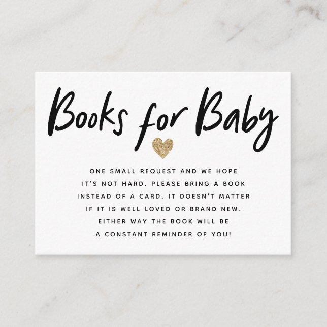 Modern Gold Glitter Heart Baby Shower Book Request Enclosure Card (Front)