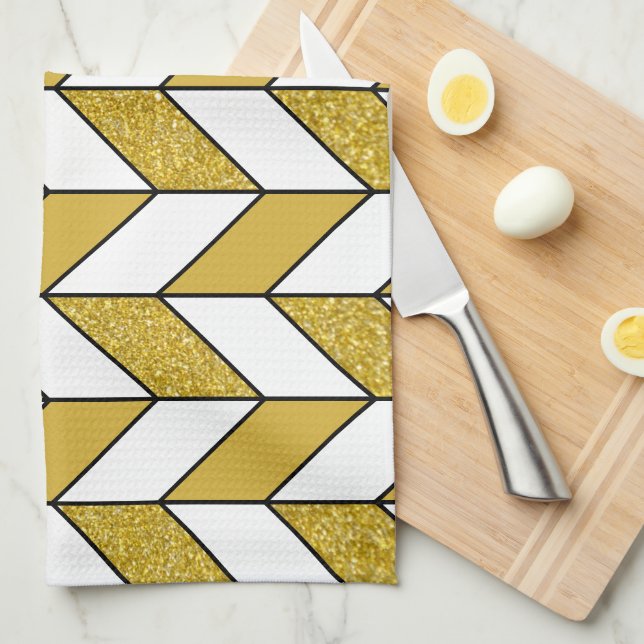 Modern Gold Glitter Herringbone Chevron Pattern Kitchen Towel (Quarter Fold)