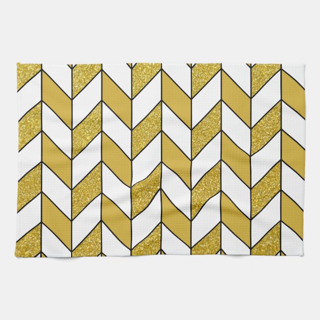 Modern Gold Glitter Herringbone Chevron Pattern Kitchen Towel (Horizontal)
