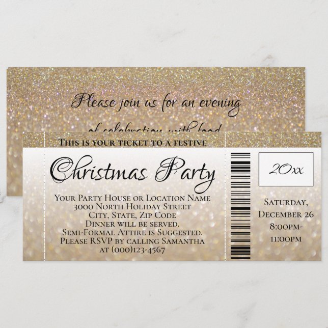 Modern Gold Glitter Holiday Christmas Party Ticket Invitation (Front/Back)