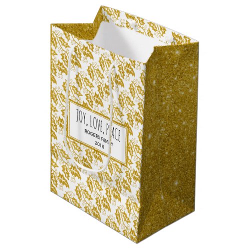 Modern gold glitter holly berry Christmas holiday Medium Gift Bag