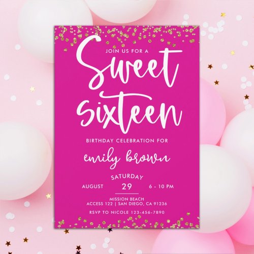 Modern Gold Glitter Hot Pink Sweet 16 Birthday Invitation