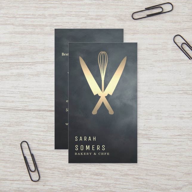 Modern Gold Glitter Knife & Whisk Bakery Business Card (Front/Back In Situ)