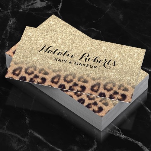 Modern Gold Glitter Leopard Print Beauty Salon Business Card