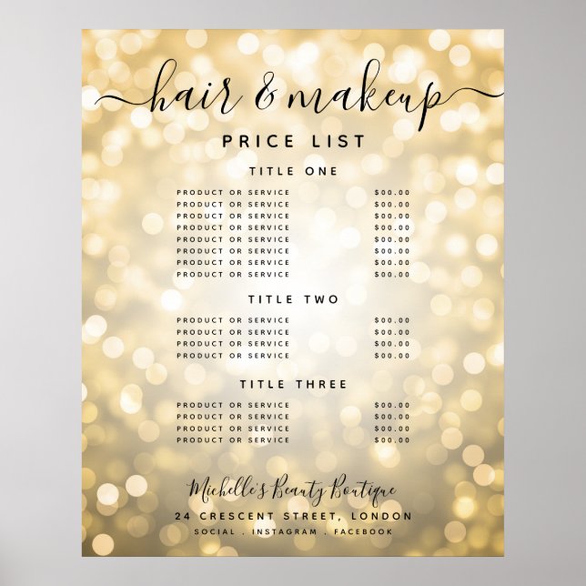 Modern Gold Glitter Lights Salon Price Menu  Poster (Front)