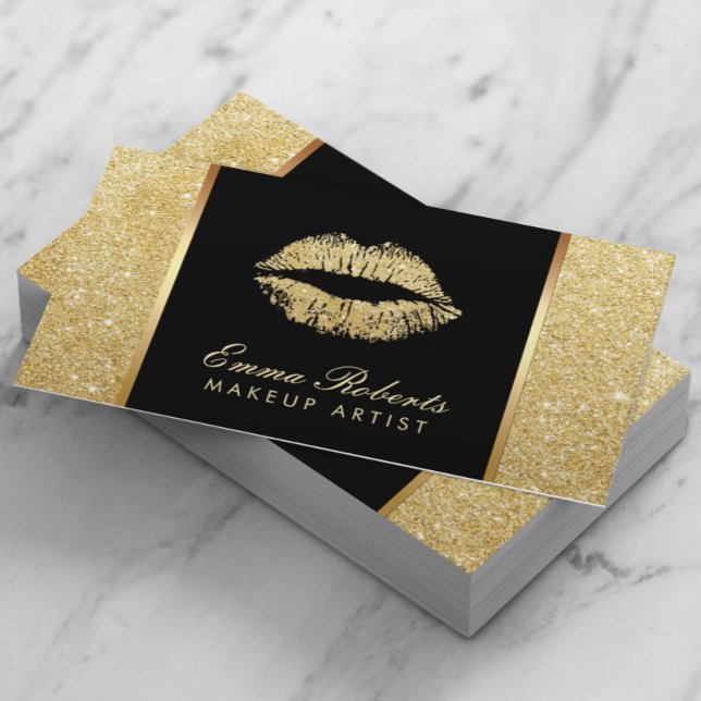 Modern Gold Glitter Lips Makeup Artist Business Card