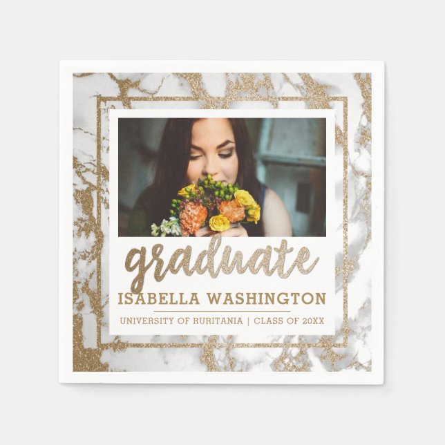 Modern Gold Glitter & Marble Photo Graduate Napkins (Front)