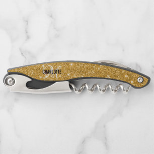 Modern gold glitter monogram name waiter's corksc corkscrew