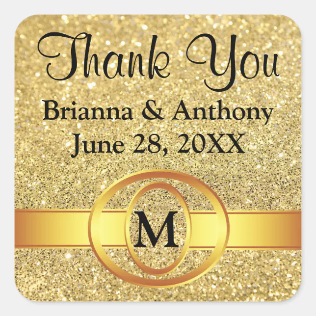 Modern Gold Glitter Monogram Thank You Wedding Square Sticker | Zazzle