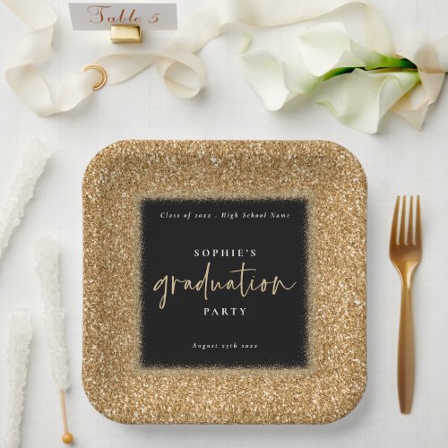 Modern Gold Glitter Name Graduation Party Black  Paper Plates