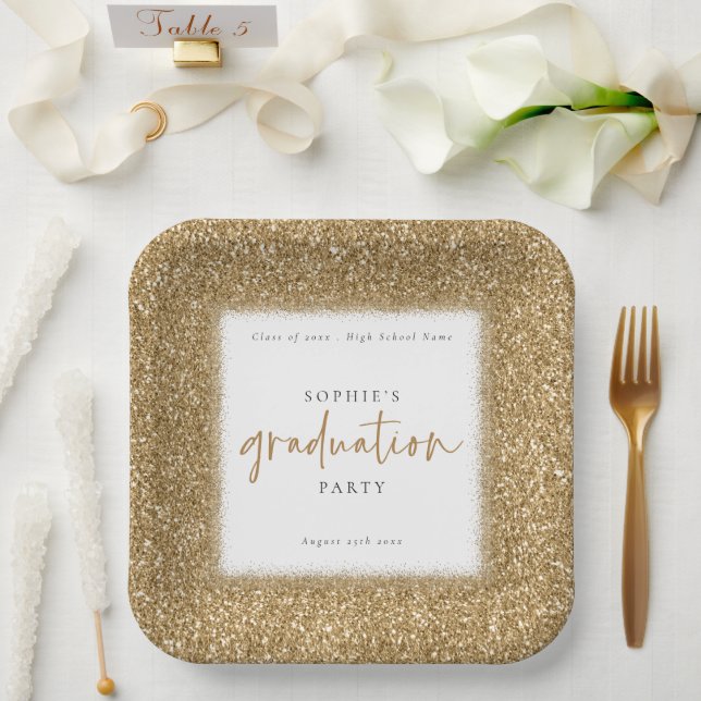 Modern Gold Glitter Name Graduation Party White Paper Plates (Wedding)