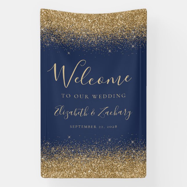 Modern Gold Glitter Navy Blue Wedding Welcome Banner (Vertical)