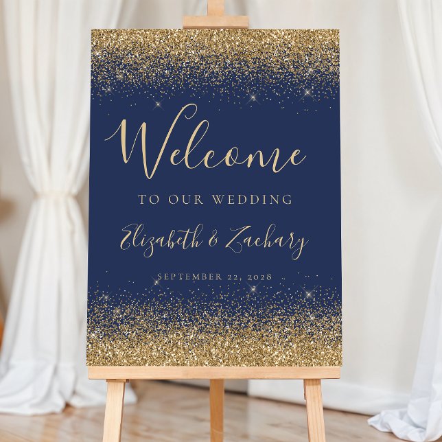 Modern Gold Glitter Navy Blue Wedding Welcome Foam Board (Creator Uploaded)