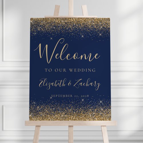 Modern Gold Glitter Navy Blue Wedding Welcome Foam Board