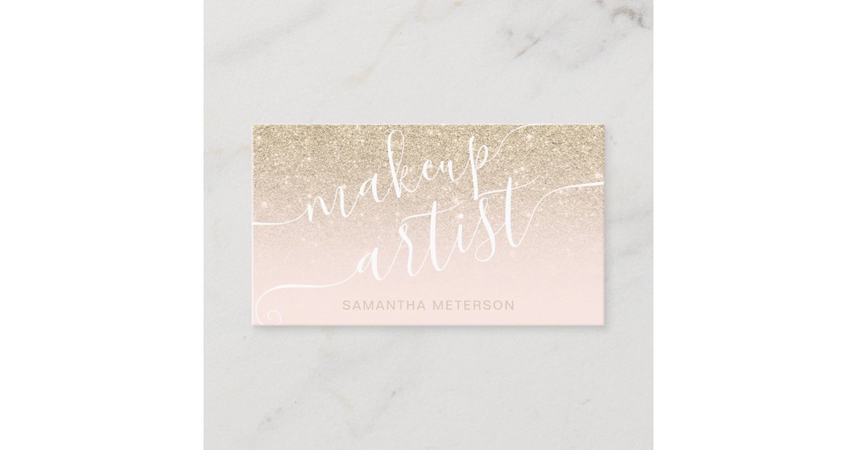 Modern gold glitter ombre blush makeup script business card | Zazzle