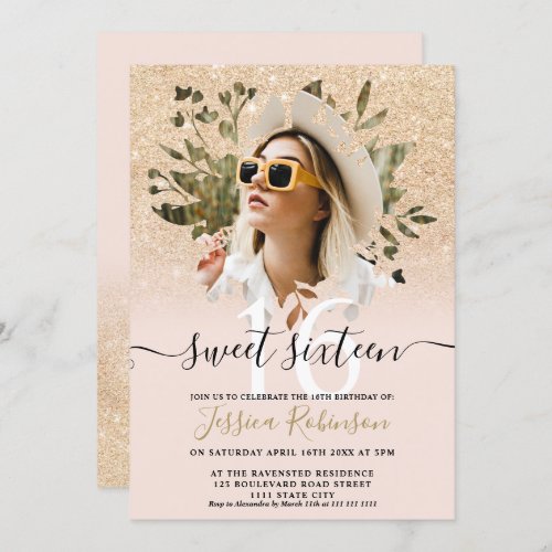 Modern gold glitter ombre photo floral Sweet 16 Invitation