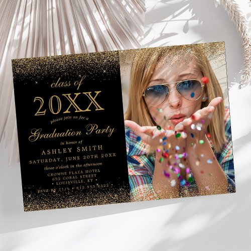 Modern Gold Glitter On Black Photo Graduation Invitation