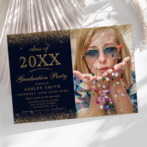 Modern Gold Glitter On Navy Blue Photo Graduation Invitation