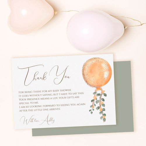 Modern gold glitter orange balloon baby shower thank you card