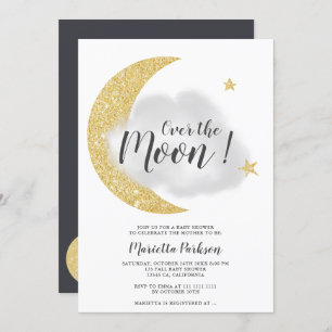 Modern gold glitter over the moon star baby shower invitation