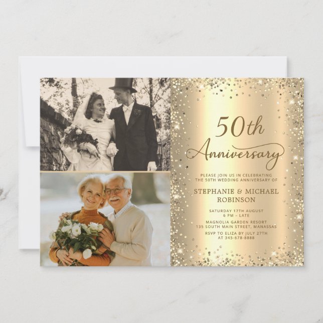 Modern Gold Glitter Photo 50th Wedding Anniversary Invitation (Front)