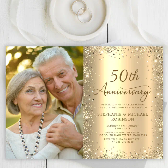 Modern Gold Glitter Photo 50th Wedding Anniversary Invitation | Zazzle