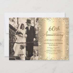 Modern Gold Glitter Photo 60th Wedding Anniversary Invitation
