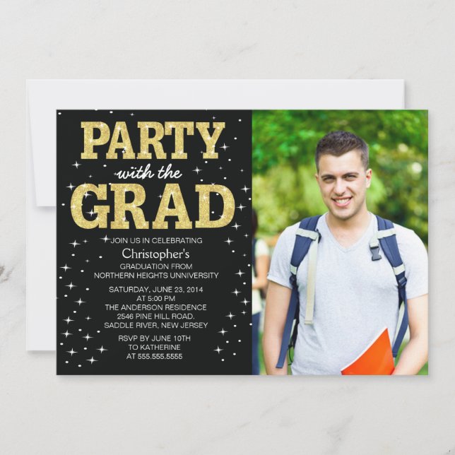 Modern Gold Glitter Photo Graduation Party Invite (Front)