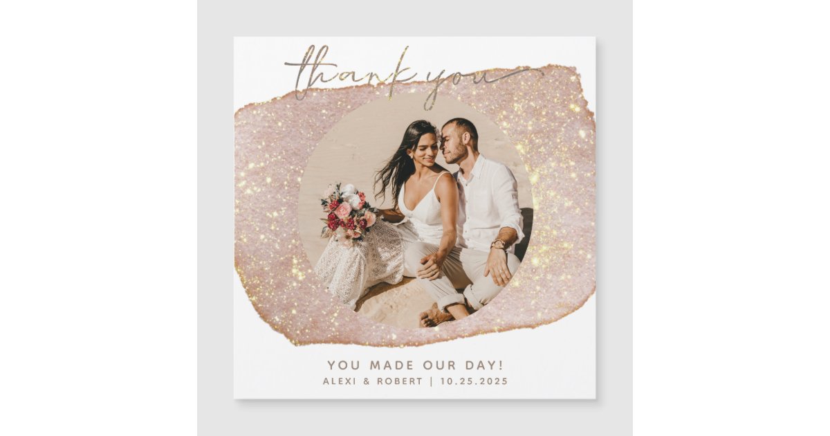 Modern Gold Glitter Photo Wedding Thank You Magnet | Zazzle