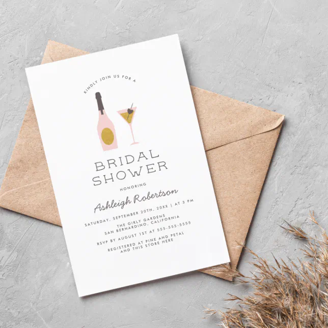 Modern Gold Glitter & Pink Cocktails Bridal Shower Invitation Postcard ...