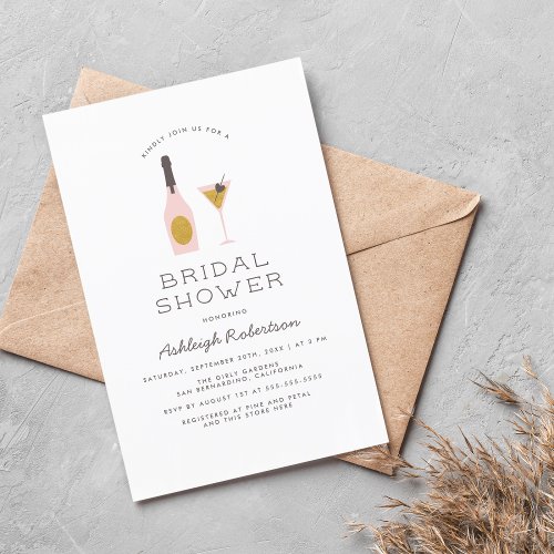 Modern Gold Glitter  Pink Cocktails Bridal Shower Invitation Postcard