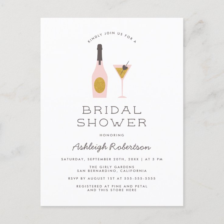 Modern Gold Glitter & Pink Cocktails Bridal Shower Invitation Postcard ...
