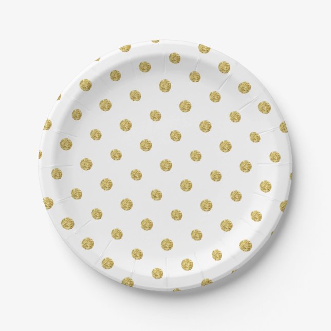 Modern Gold Glitter Polka Dots Elegant Paper Plates (Front)