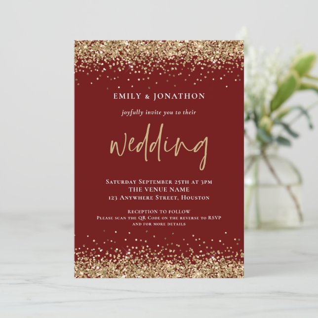 Modern Gold Glitter QR Code Wedding Burgundy Invitation (Standing Front)
