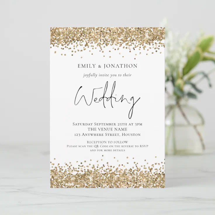 Modern Gold Glitter Qr Code Wedding Invitation 