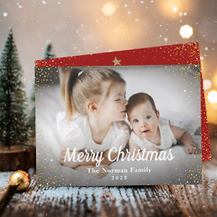 Modern Gold Glitter Red Merry Christmas Photo Holiday Card