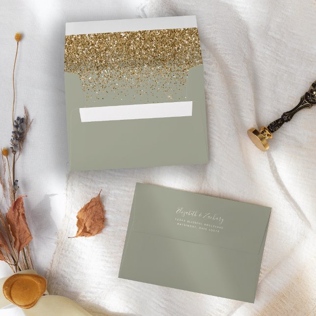 Modern Gold Glitter Sage Green Wedding Envelope (Creator Uploaded)