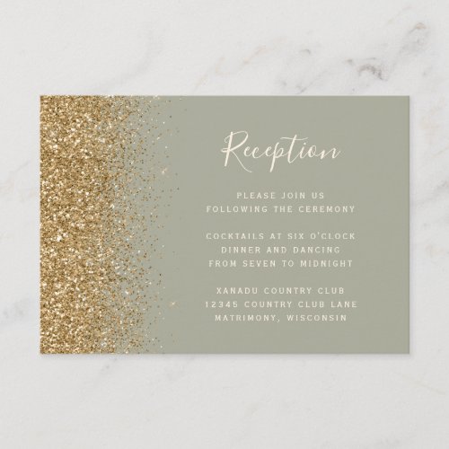 Modern Gold Glitter Sage Green Wedding Reception Enclosure Card