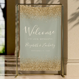 Modern Gold Glitter Sage Green Wedding Welcome Banner