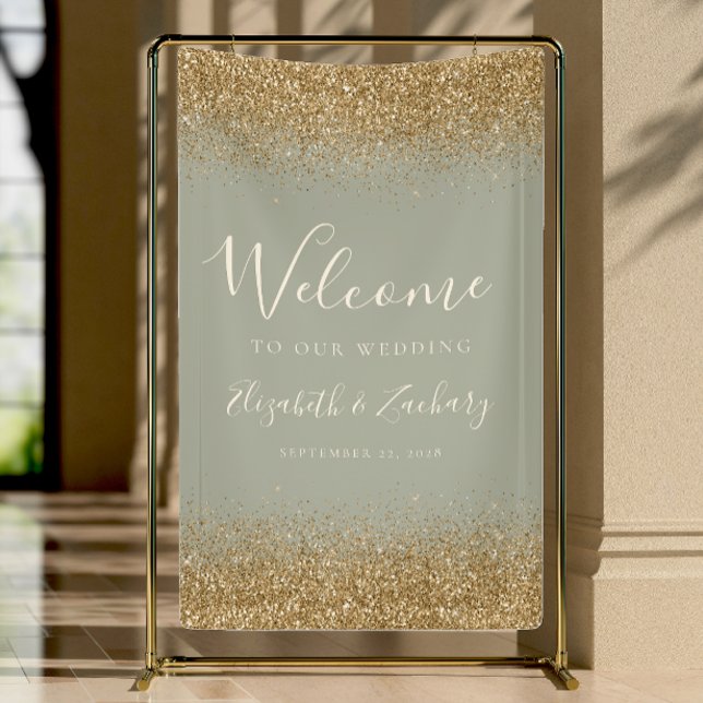 Modern Gold Glitter Sage Green Wedding Welcome Banner (Creator Uploaded)