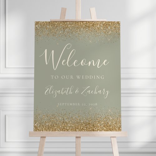 Modern Gold Glitter Sage Green Wedding Welcome Foam Board